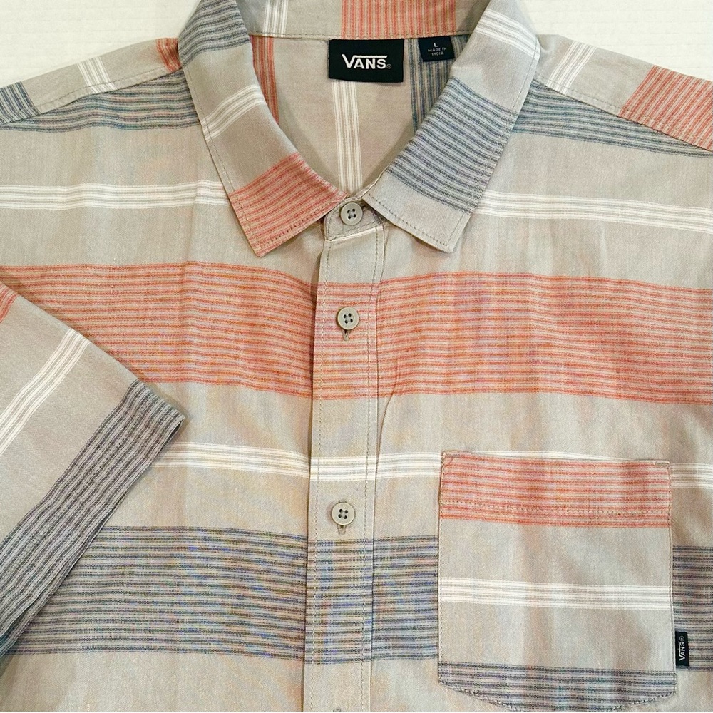 Vans Cotton‎ Striped Button Up Shirt Men's Large Tan Orange Pocket Casual Skater